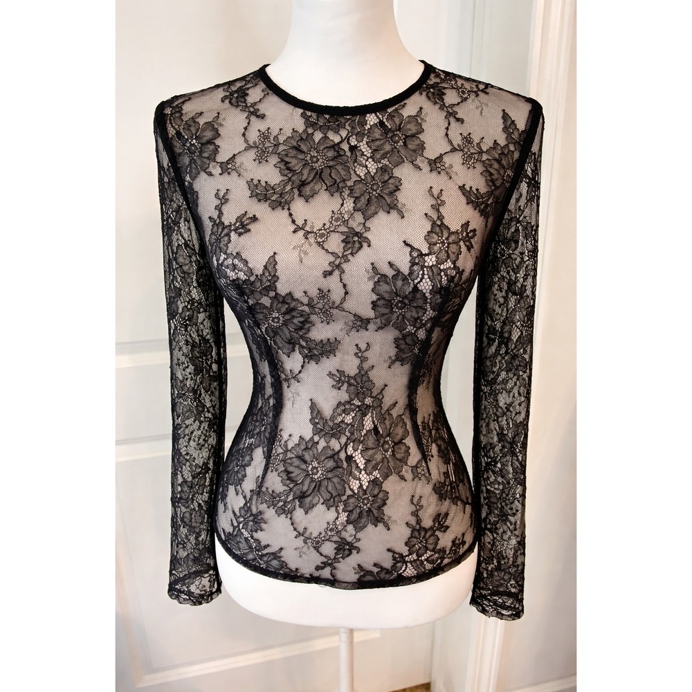 Michael Costello x Revolve Black Sheer Lace Power Shoulder Top XS/S NWT - Picture 2 of 5